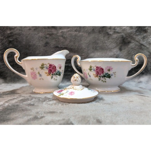Vintage Floral Creamer and Sugar Bowl Set Gold Trim Rose Flower - Picture 1 of 8